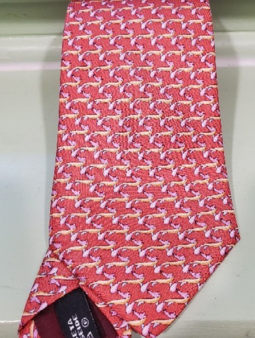 Salvatore Ferragamo Coral Patterned Silk Tie with Pink and Yellow Accents